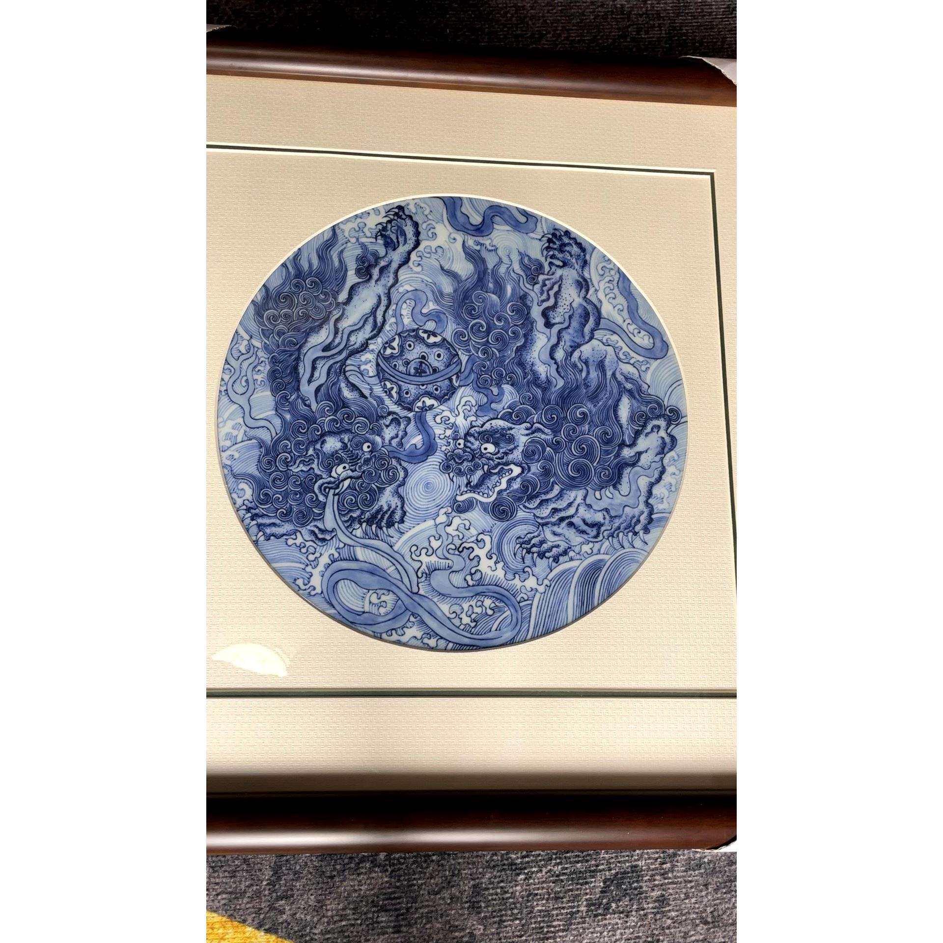 41*41仿清双狮绣球点工纯青花挂画瓷板画陶瓷手工手绘