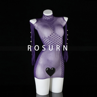 夜曲蔷薇「夜不能寐」紫色镂空辣妹珍珠半高领性感包臀修身网衣