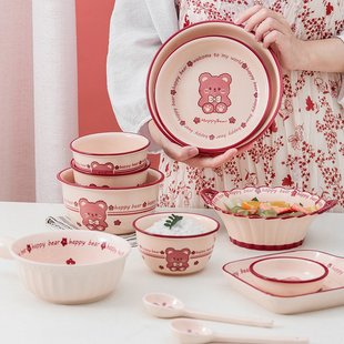 麦德龙碗ins高颜值卡通可爱儿童餐具碗盘子组合家用萌趣熊陶瓷餐
