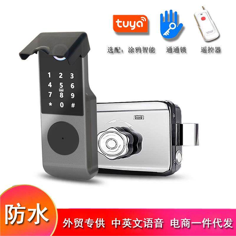 防水户外铁门指纹锁通通锁tuya智能门锁房间门密码厂家外贸牛头锁