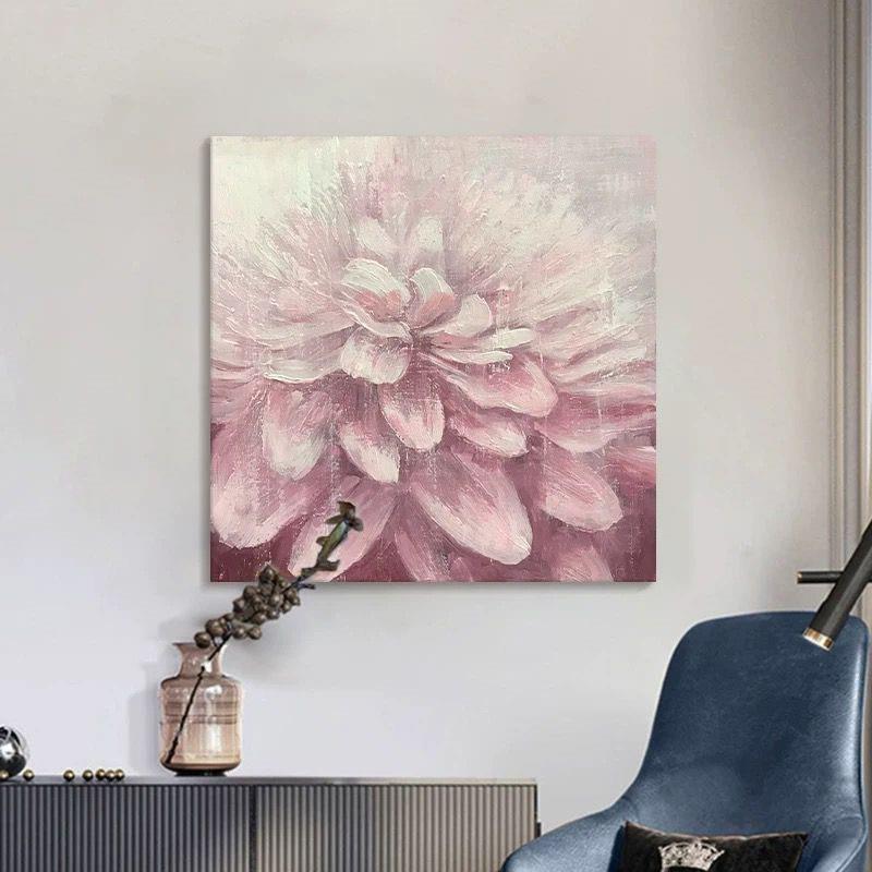 手绘油画粉色牡丹花餐厅装饰画正方形花开富贵肌理画小众床头壁画