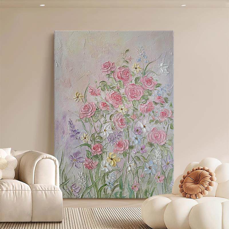 顺丰奶油风玫瑰花卉手绘油画肌理画客厅装饰画大幅落地画法式玄关