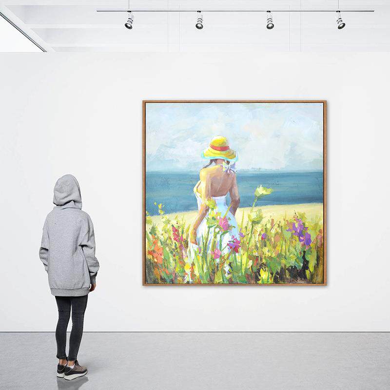 美式乡村客厅彩色人物花卉半手绘大海装饰画油画肌理卧室床头挂画