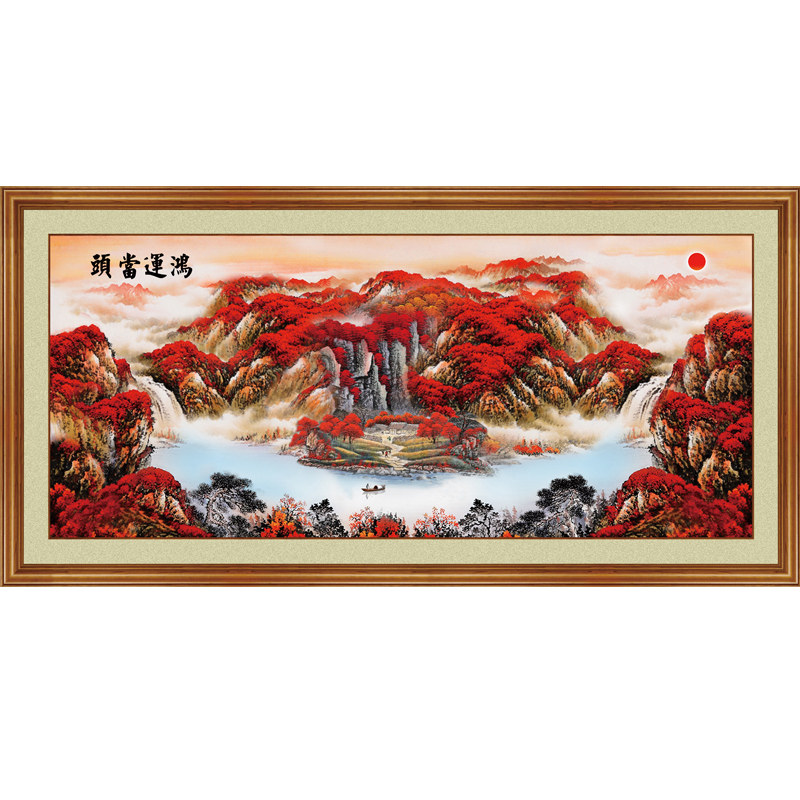 客厅山水装饰画办公室鸿动当头流水升财自粘水墨挂画背景墙纸壁画