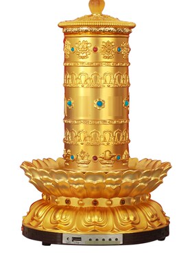 藏族转经简合金电动转金轮莲底座金筒吉祥亮灯浮雕
