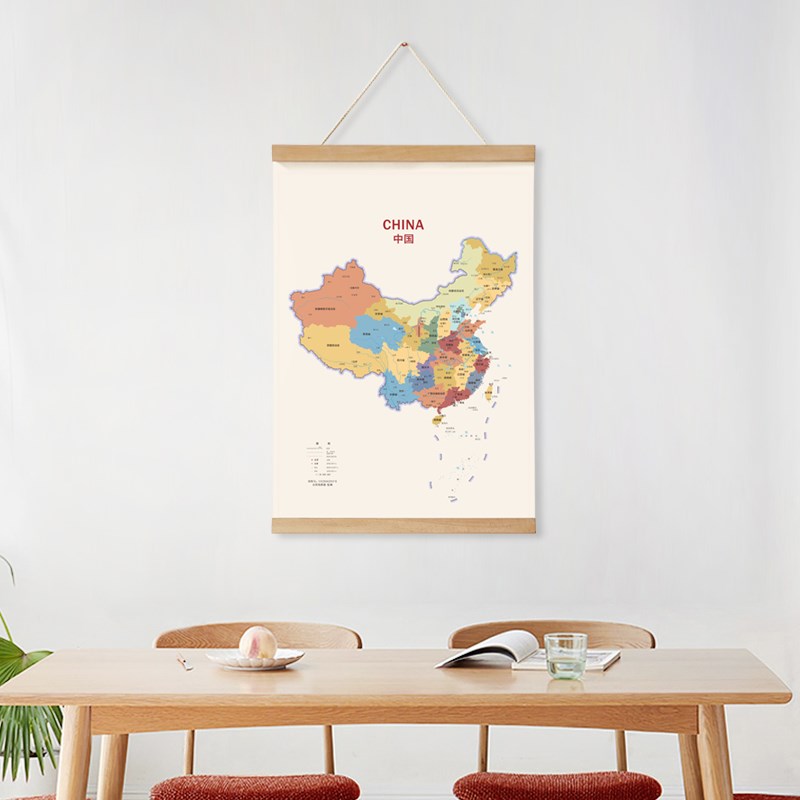现代实木风布艺术壁挂玄关地图挂件卷轴装饰