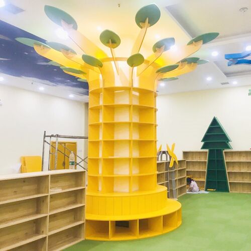 创意树形书架置物装饰学校图书馆报刊架沙发软包坐凳一体柜架