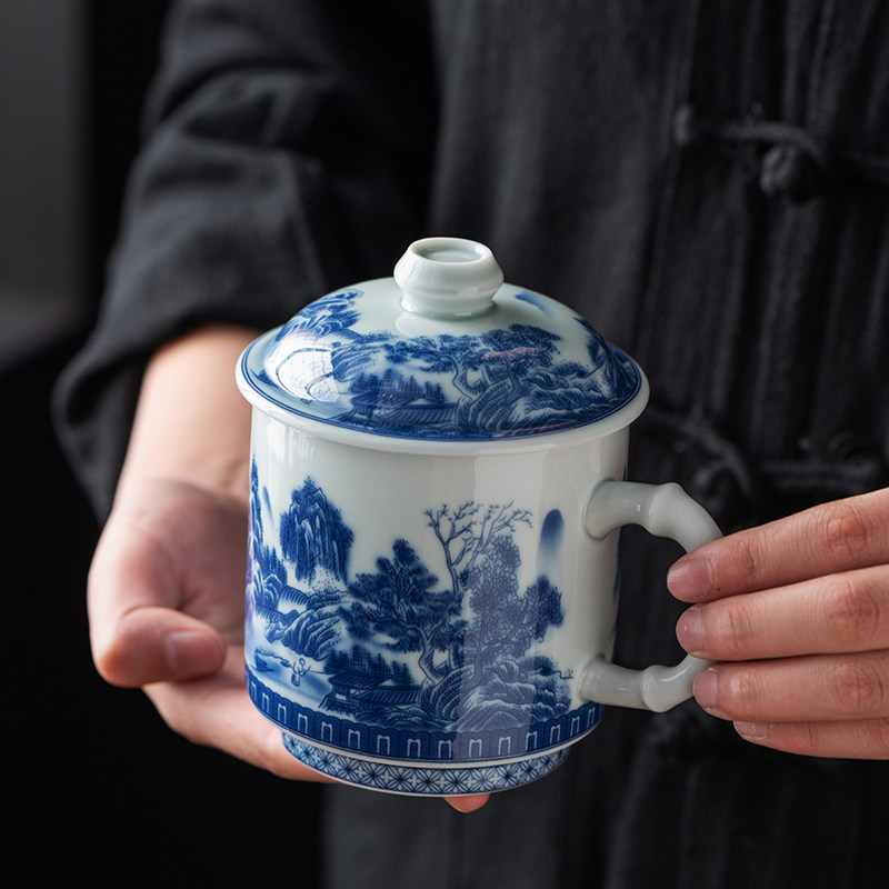 青瓷水杯茶水分离带盖茶杯大手马杯茶具办公杯