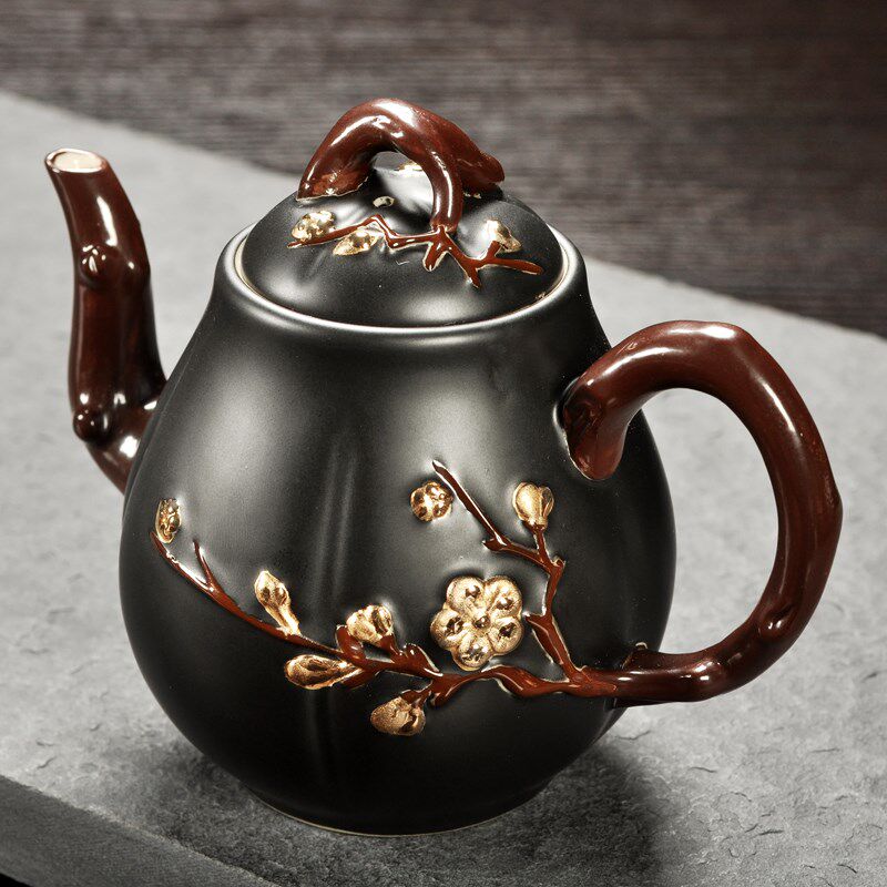 唐月窑 功夫泡茶壶茶具组手工描金黑色迎春壶喝茶单壶