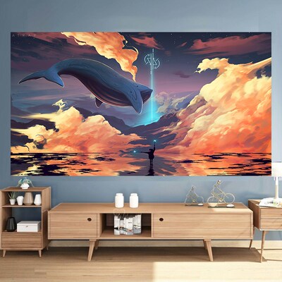 鲸鱼治愈系墙布挂布遮丑背景布床头卧室装饰出租屋宿舍画布
