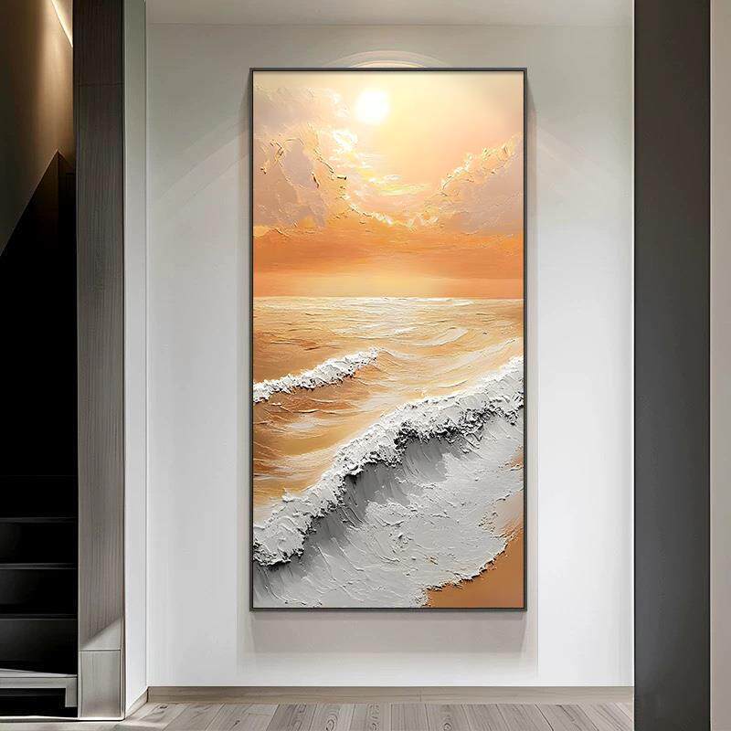 浪漫海景大芬村玄关手绘油画橙色暖阳肌理壁画入户门走廊过道挂画