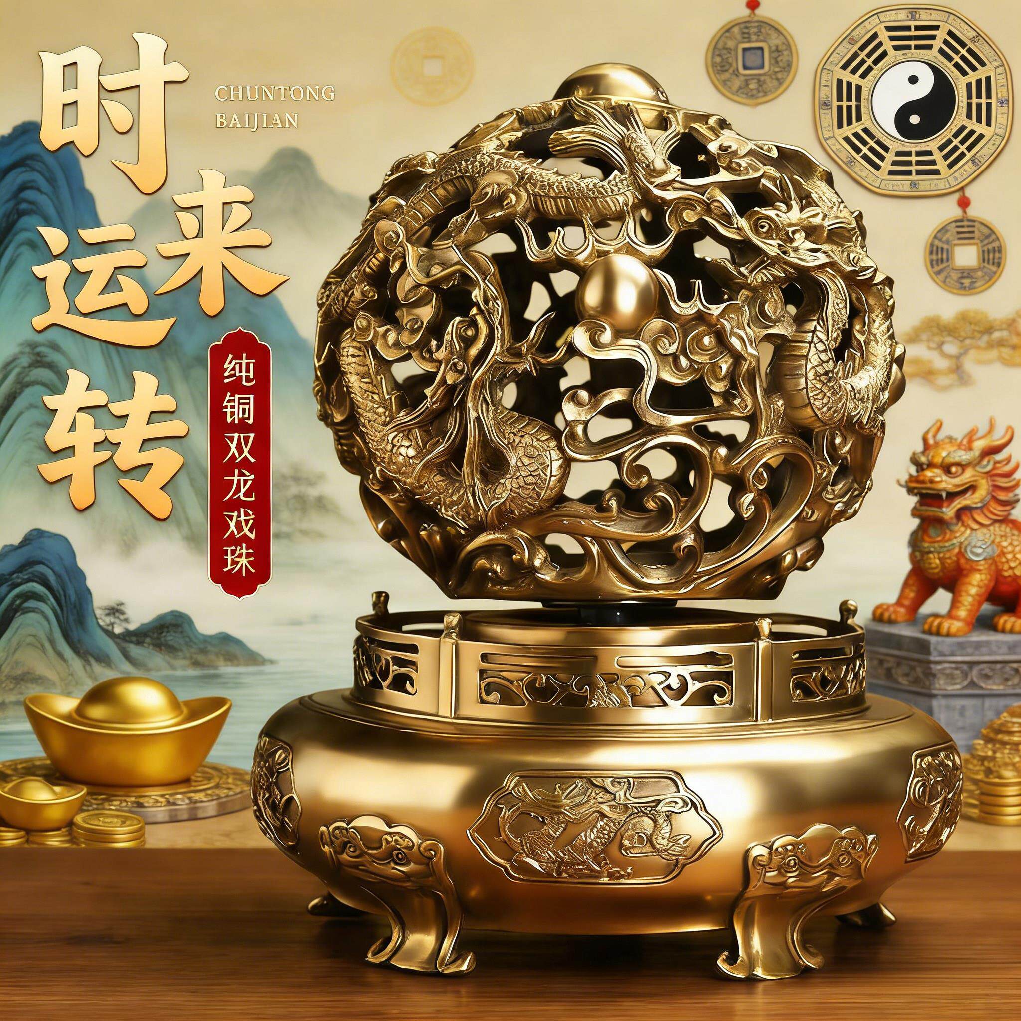 纯铜时来运转摆件黄铜九转干坤龙鼎九龙鼎乔迁布局办公室摆放送礼