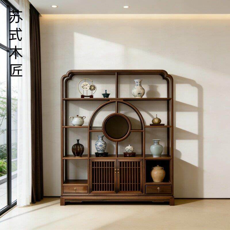 新中式黑胡桃木博古架实木客厅多宝格书架书房展示柜置物架高端