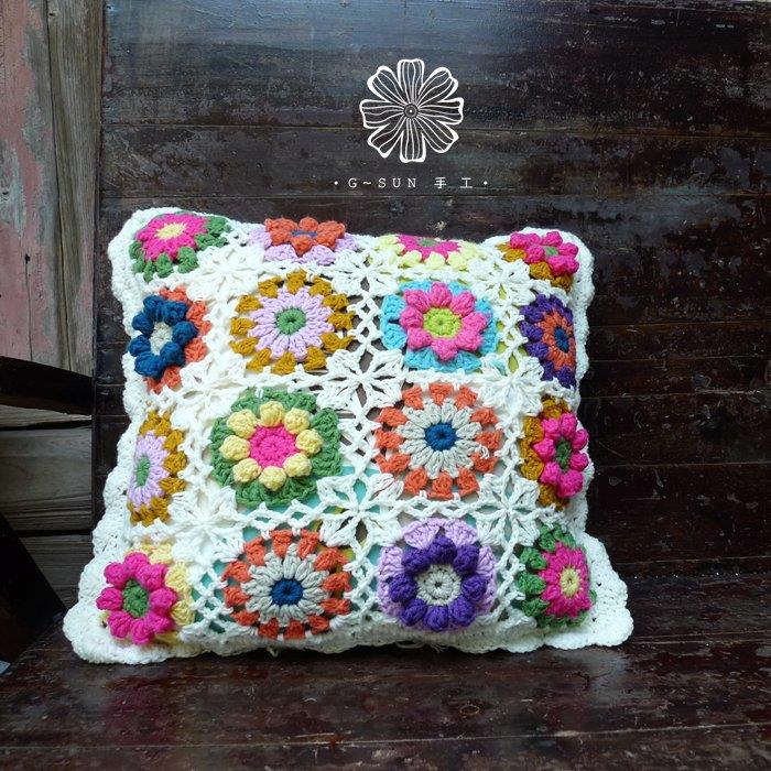 潮汕传统纯手工钩针编织田园风彩色花朵抱枕汽车靠垫沙发腰枕