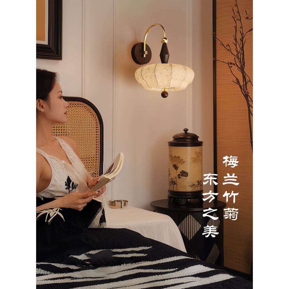 牡丹布艺壁灯中古法式覆古实木灯南洋风卧室床头高级感灯无上良品
