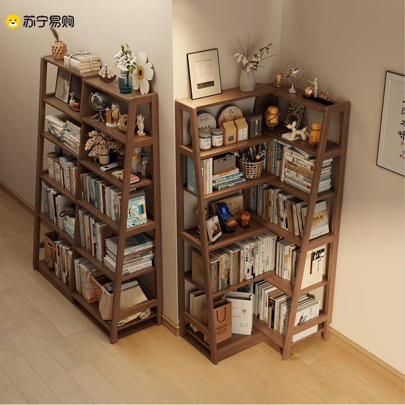 实木转角书架一体靠墙可伸缩客厅卧室学生书柜梯形落地置物架1910