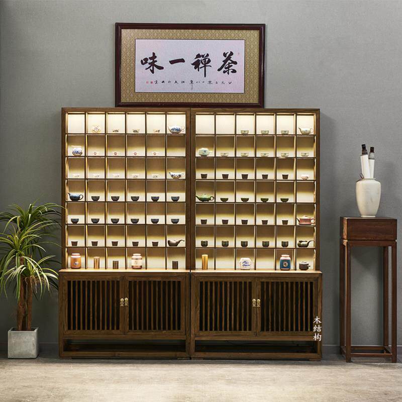 实木紫砂壶收纳格子柜老榆木茶杯茶具建盏小摆件玻璃展示博古架子