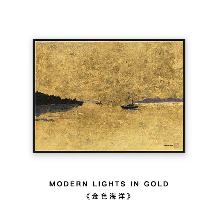 Ru禄秘手绘画金箔装饰画一帆风顺山水画客厅挂画抽象轻奢高档壁画