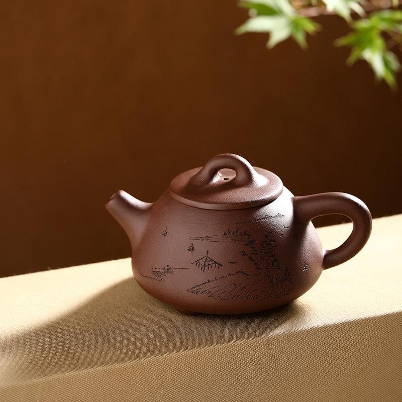 周婷紫砂壶紫泥石瓢泡茶壶手工刻画茶壶仿古单壶原矿陶瓷茶具家用