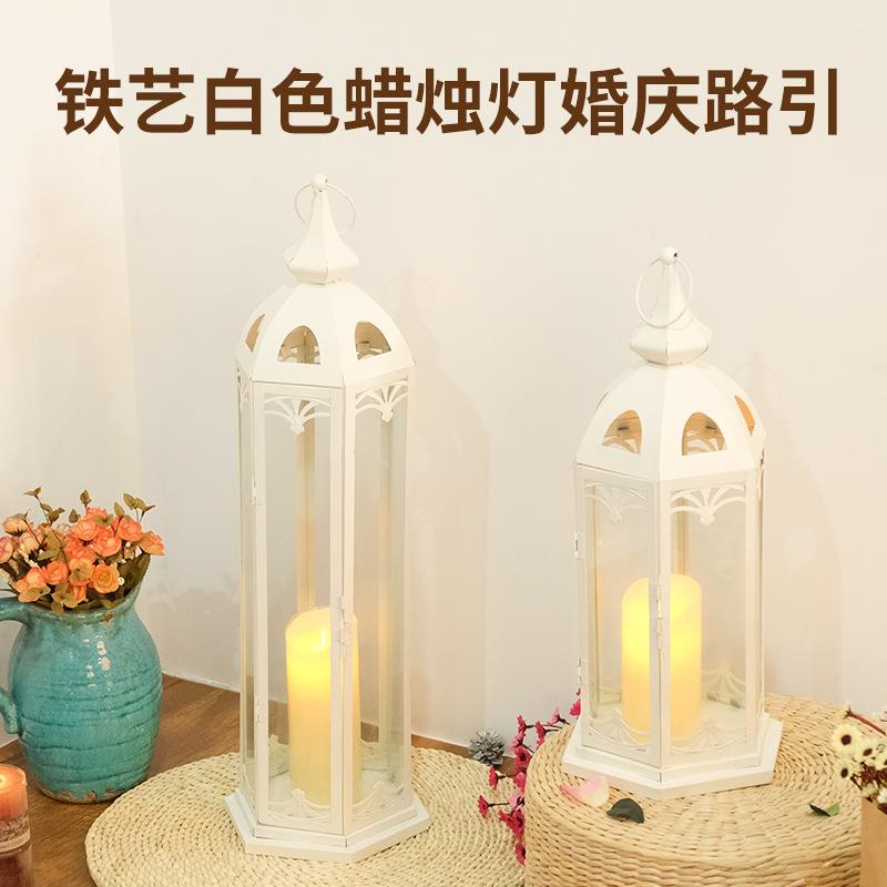 白色铁艺玻璃风灯婚庆路引烛台浪漫氛围蜡烛灯摆件软装饰道具