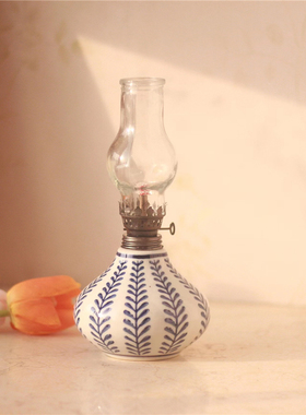 复古老货陶瓷煤油灯釉下彩手绘瓶色彩雅致脱俗