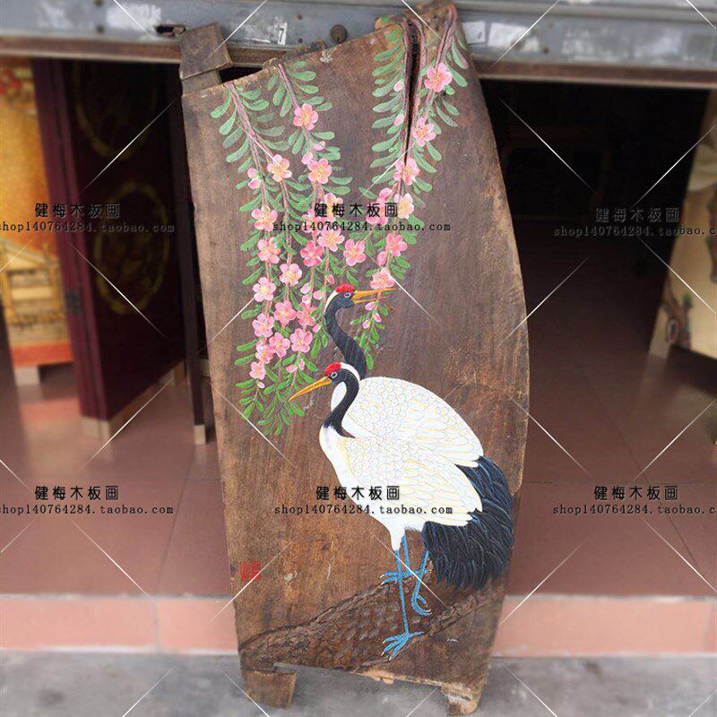 风化木板画老樟木松鹤延年手绘画 挂画漆画客厅装饰画无框画壁画