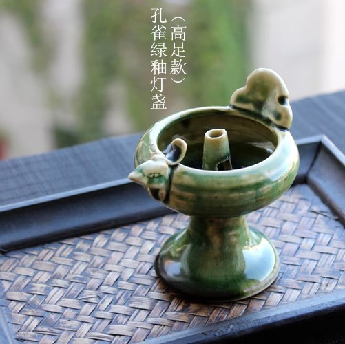 绿釉雀油灯盏陶瓷手工捏雕复古风烛台古典老式香油灯酥油灯座