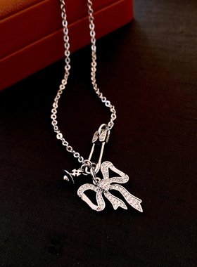 韩系ins锆石别针蝴蝶结吊坠项链