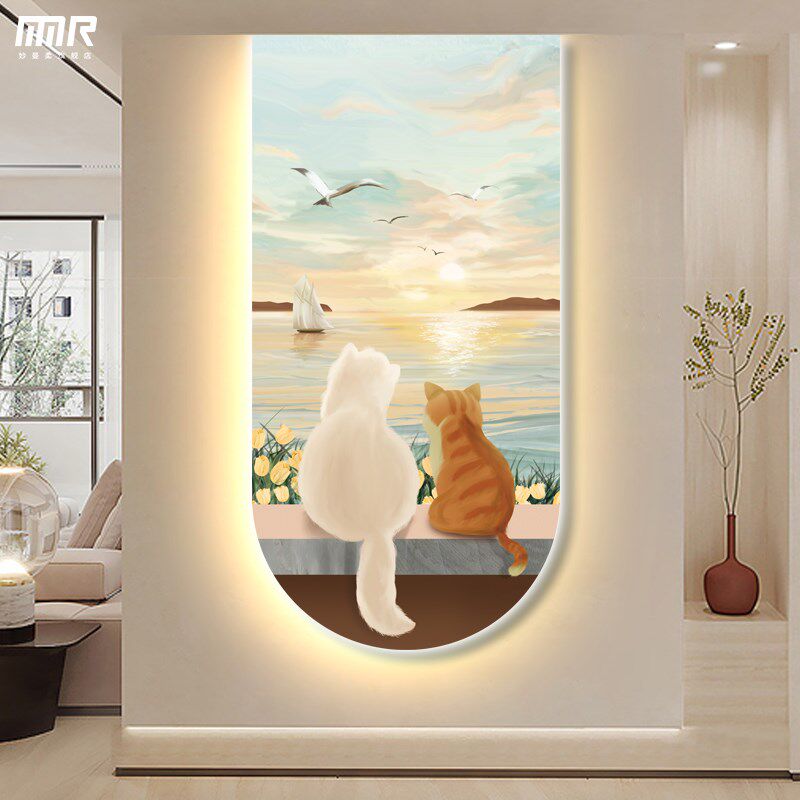 现代入户走廊玄关饰画过道发光灯画壁画客厅边猫咪框画