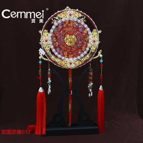 暗红色蕾丝新娘新古典团扇明制汉唐古风面手工成品遮面金色扇子