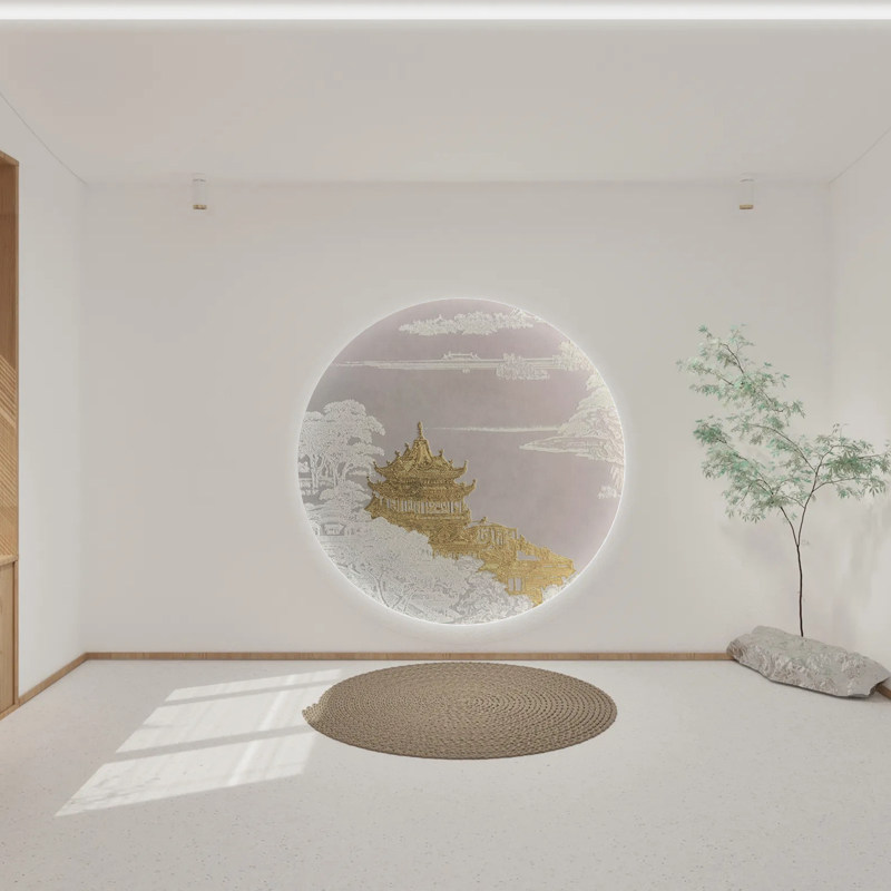 新国风丝绢画入户玄关走廊圆形立体浮雕山水壁画画壁纸壁纸