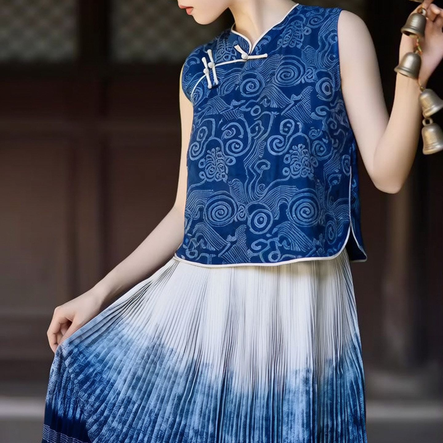 连衣裙女夏蜡染蓝色无袖圆领云南背心裙棉麻新女装印花无袖民族风