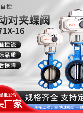 电动蝶阀对夹式D971-16Q四氟304不锈钢铸铁阀板220V执行DN80 100