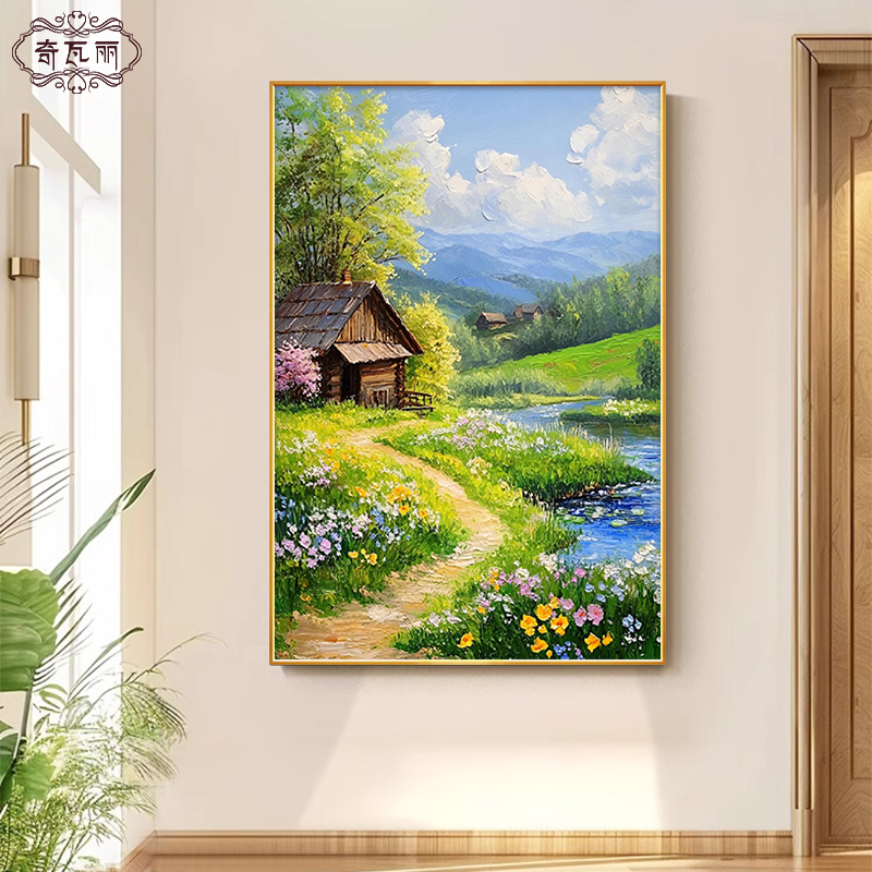 大芬村手绘油画玄关装饰画乡村田园风景客厅走廊过道挂画竖版壁画