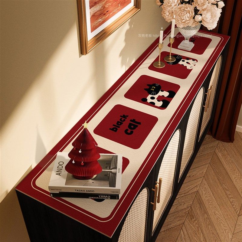 耶诞猫咪红色皮革电视柜垫防水防油免洗壁纸茶几垫边柜垫新年装饰