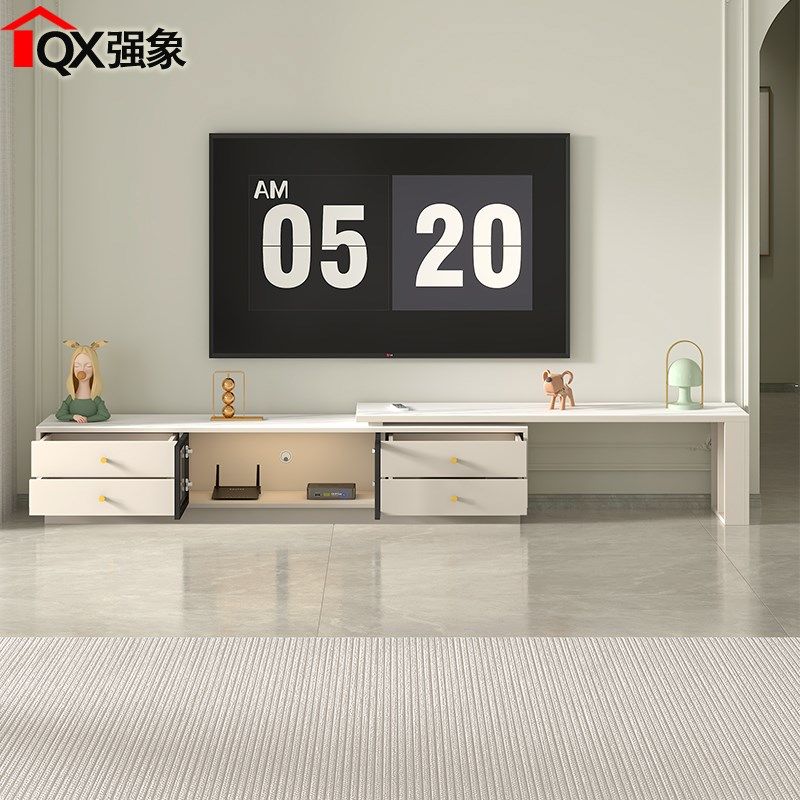 奶油风岩板伸缩茶几电视柜客厅落地地台柜新款小户型D,住宅家具,电视柜,淘宝优惠券,粉丝福利购,淘宝优惠卷