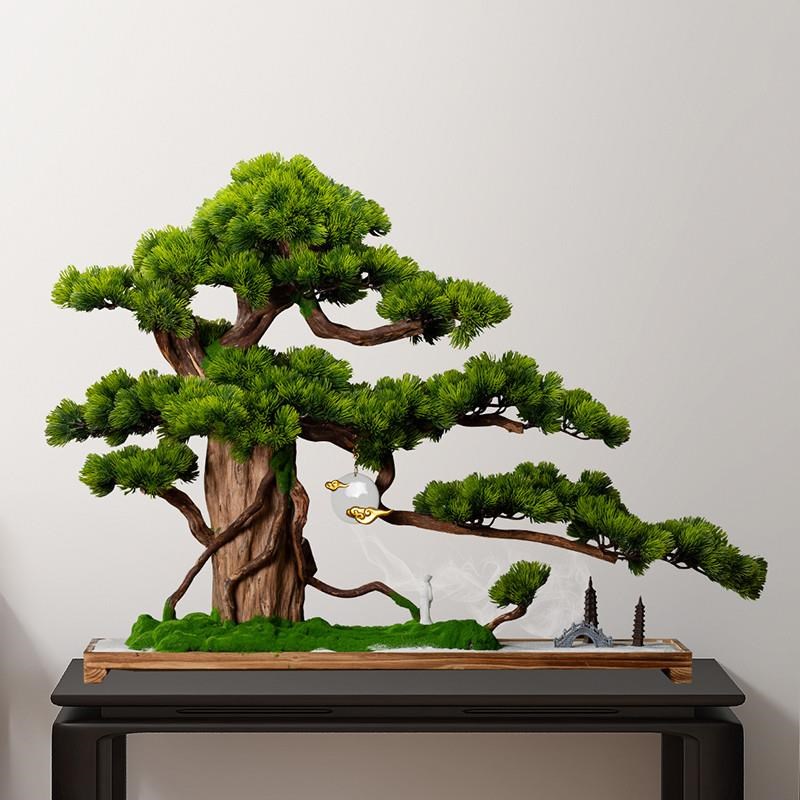 仿真迎客松盆景崖柏假树玄关客厅摆件绿植物盆栽酒店装饰造景定制