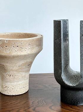 黑色洞石大理石火山岩石蜡烛台底座holder侘寂风石灰华摆件