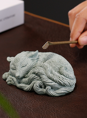 精品九尾灵狐盖置茶宠创意青砂石灵兽盆栽微观鱼缸造景装饰品