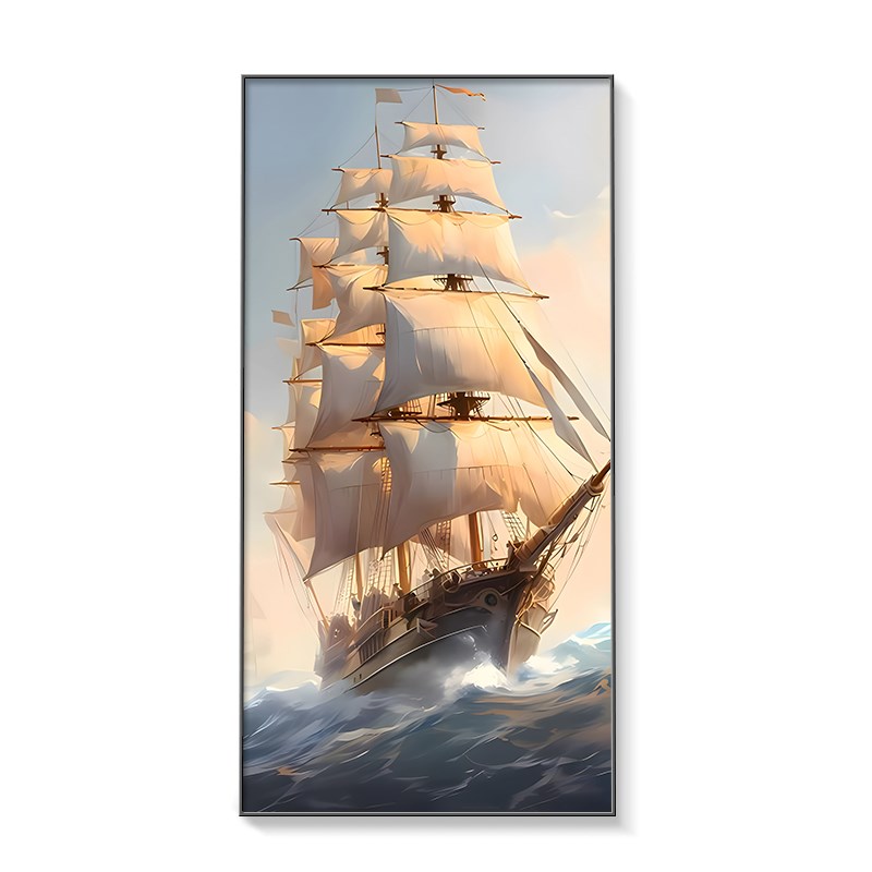 入户门玄关装饰画帆船过道走廊尽头带灯挂画一帆风顺楼梯发光壁画