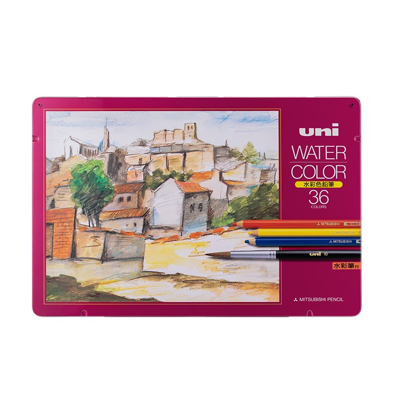 进口UNI三菱铅笔水溶性彩色铅笔铁盒装12色24色36色彩铅素描手绘