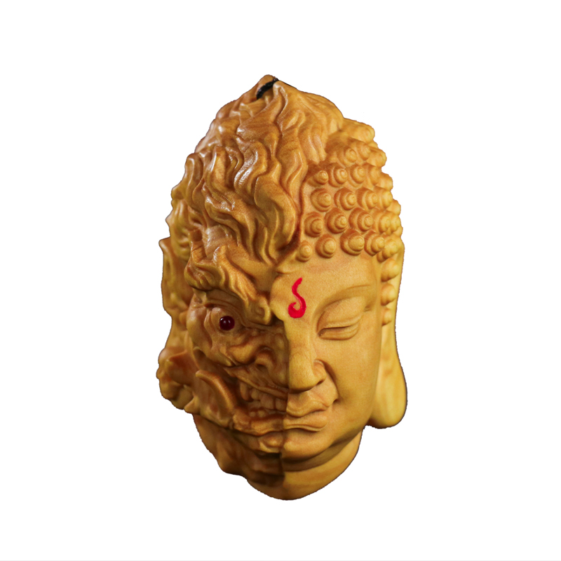 黄杨木佛魔一念之间手把件天然实木雕刻男士把玩盘玩汽车挂件