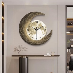 月球钟表客厅时钟挂墙壁现代壁灯卧室静音挂钟创意玄关装饰画