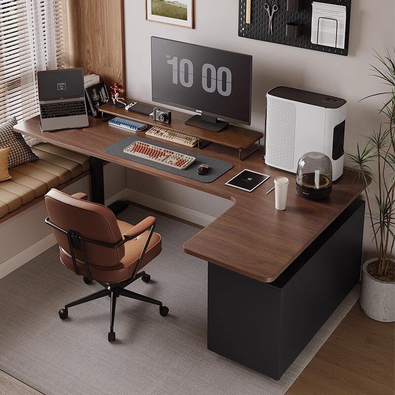 转角电动升降桌办公桌电脑桌电竞桌实木书桌书柜一体