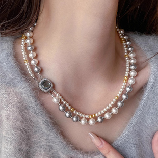 微镶方形黑色扣一款两戴双层施家珍珠项链女轻奢混彩色叠带锁骨链