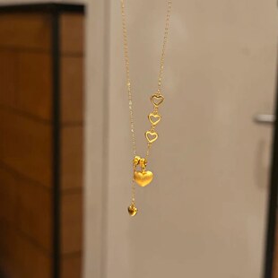 黄金色中古风少女感拉丝爱心流苏项链轻奢vintage甜妹心形锁骨链