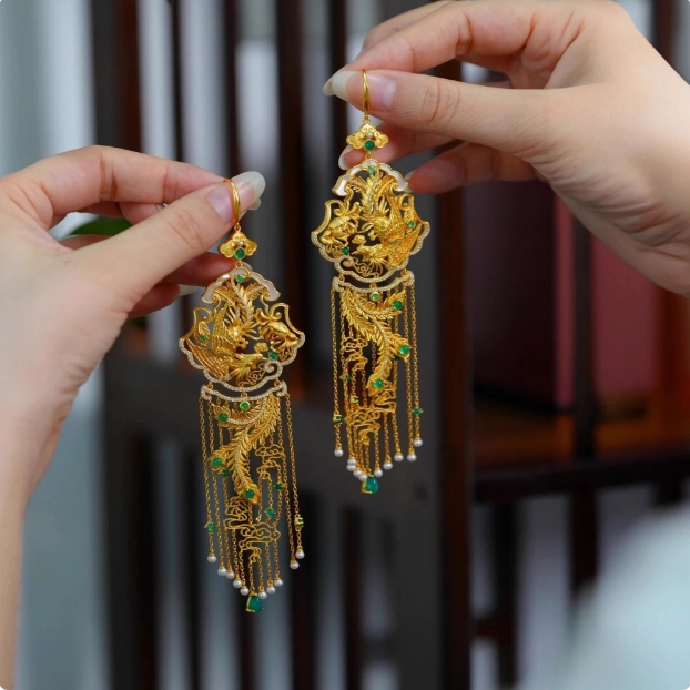 古风凤凰于南飞牡丹耳环女新中式宫廷风凤羽仿珍珠奢华长流苏耳坠