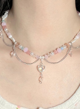 海盐荔枝~ins同款设计糖果色甜辣妹甜美清新猫眼爱心百搭串珠项链