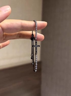 「暗黑骑士」甜酷风满钻十字架黑色手链小众设计爆闪可抽拉手饰女