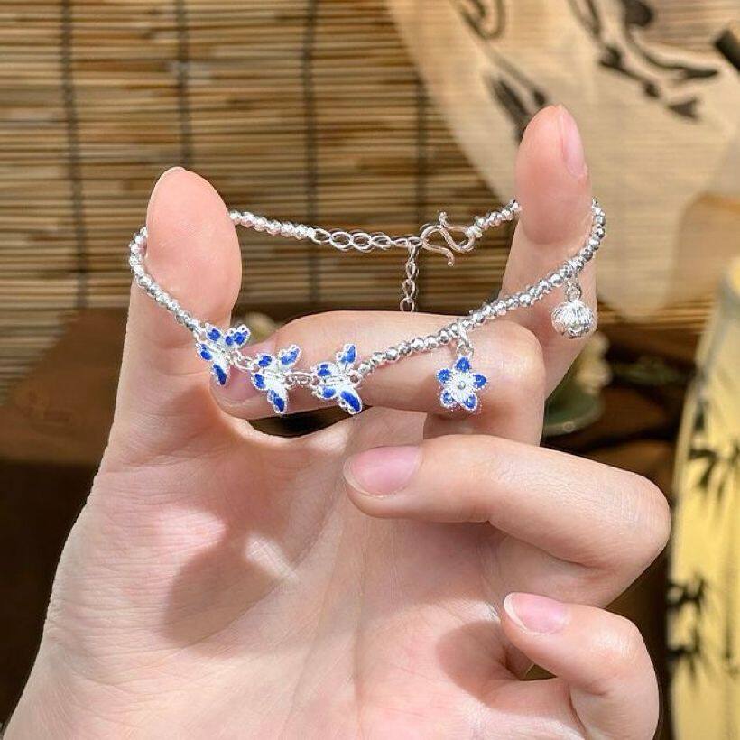 新中式珐琅蓝蝶银色手镯女民族风高颜值手链轻奢小众设计精致手饰